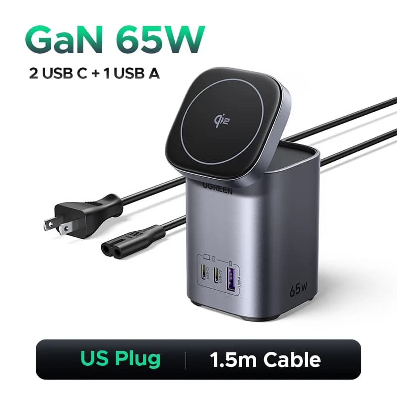 65W GaN lauaadapter Qi2 juhtmevaba alusega