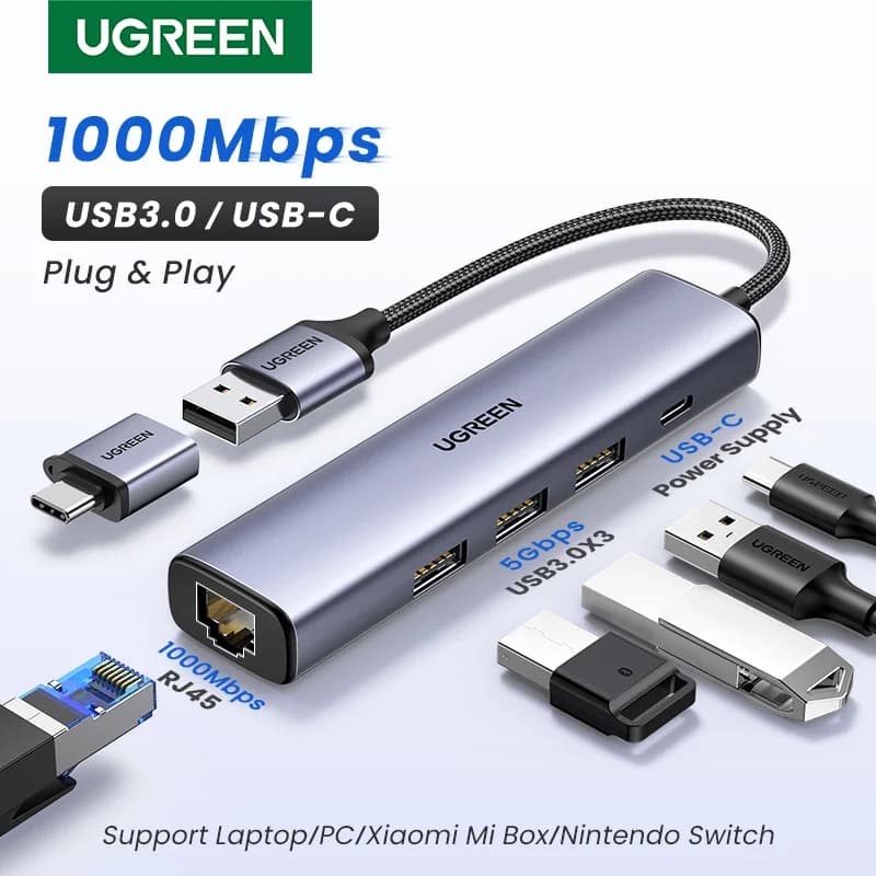 USB-C Ethernet adapter 1000Mbps RJ45 ja USB hubiga