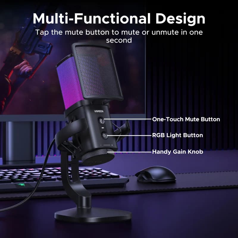 USB-mikrofon puutevaigistuse ja RGB-valgustusega
