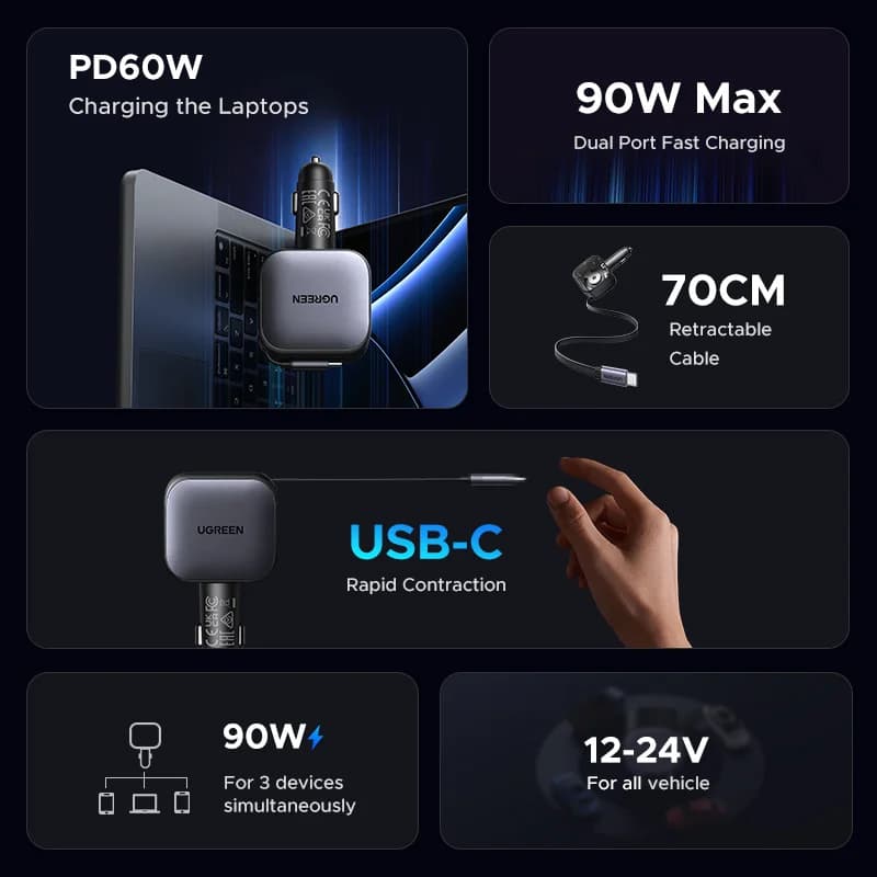145W USB-C autoadapter kokkupööratava kaabliga