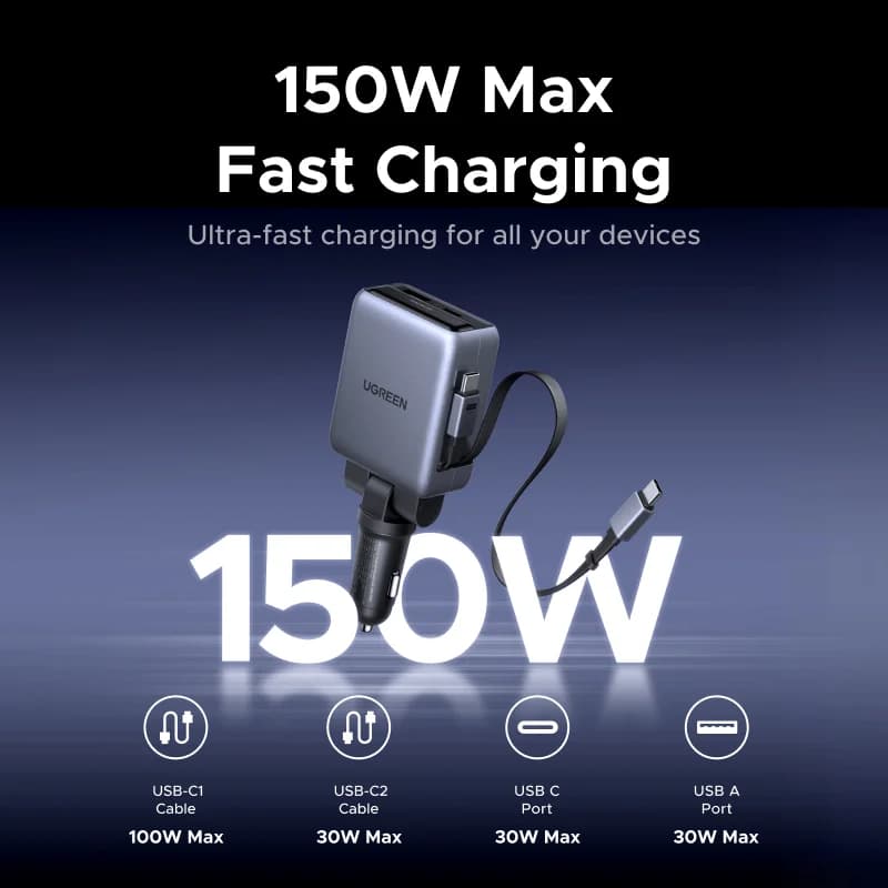 150W autoslaadija kokkukäivate kaablitega