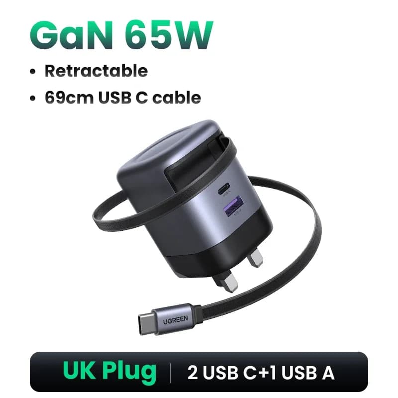 65W GaN laadija tagasitõmmatava USB-C kaabliga