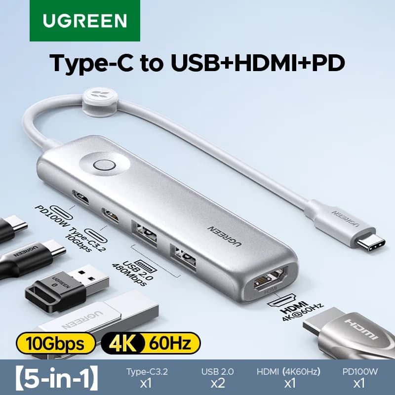 5-in-1 USB-C hub, 4K HDMI, 10Gbps, PD100W