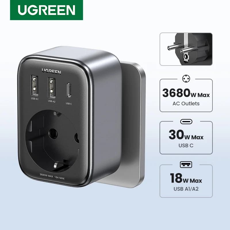 30W GaN PD laadija AC pistikupesade ja USB-portidega
