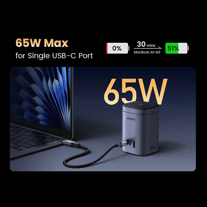 65W GaN lauaadapter Qi2 juhtmevaba alusega